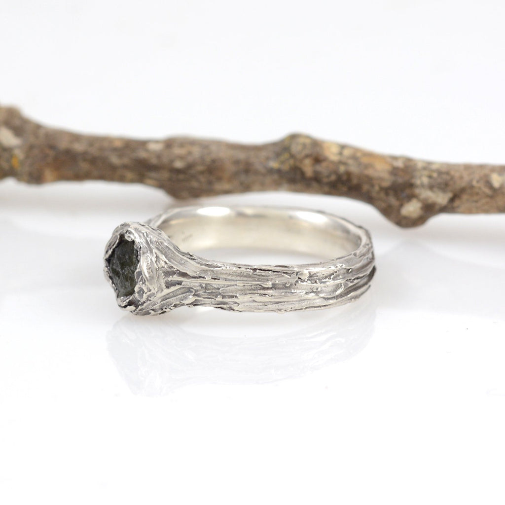 Tree Bark Ring with Rough Dark Green Sapphire in Palladium Sterling Silver - size 6.5 - Ready to Ship - Beth Cyr Handmade Jewelry
