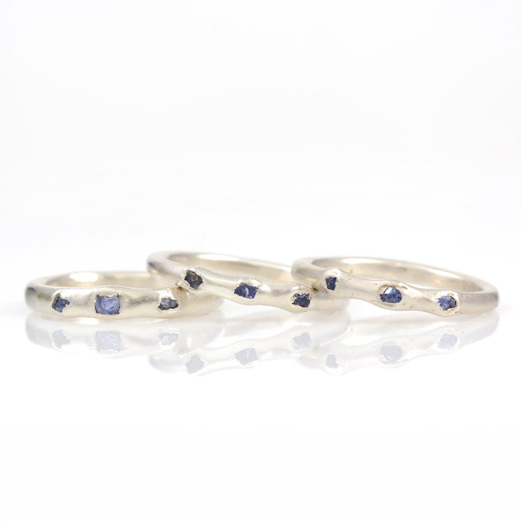 Rough Sapphire Trio Simplicity Wedding Rings in Palladium Sterling Silver - Size 6.25 or 7 - Ready To Ship - Beth Cyr Handmade Jewelry