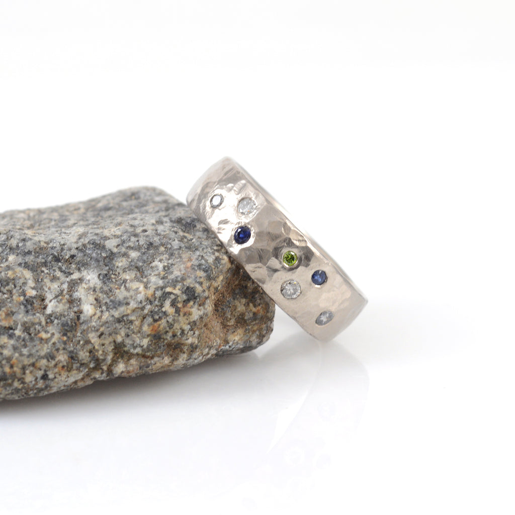 Love Rocks Ring with Scattered Diamonds and Sapphires in Palladium/Silver - size 7 - Ready to Ship