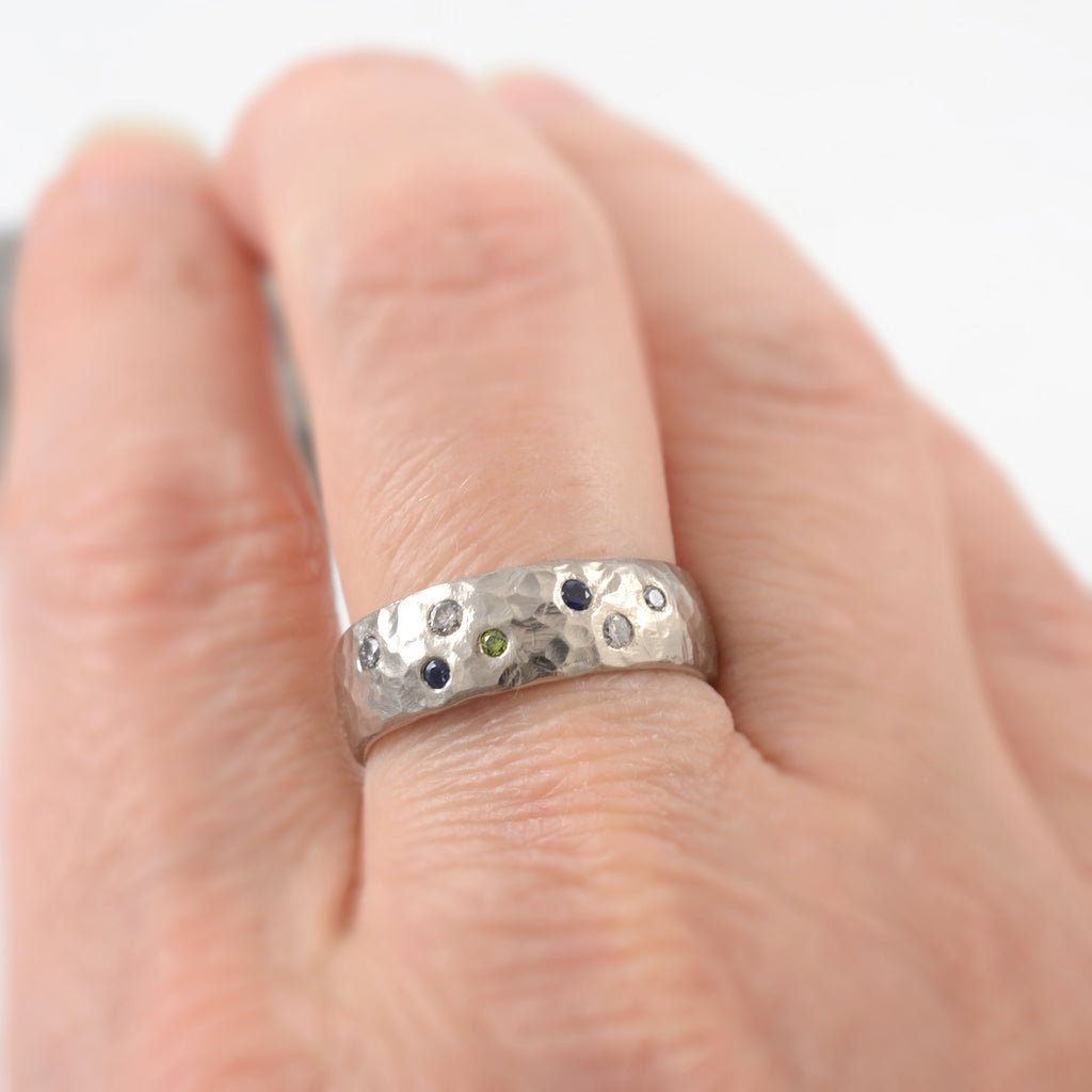 Love Rocks Ring with Scattered Diamonds and Sapphires in Palladium/Silver - size 7 - Ready to Ship