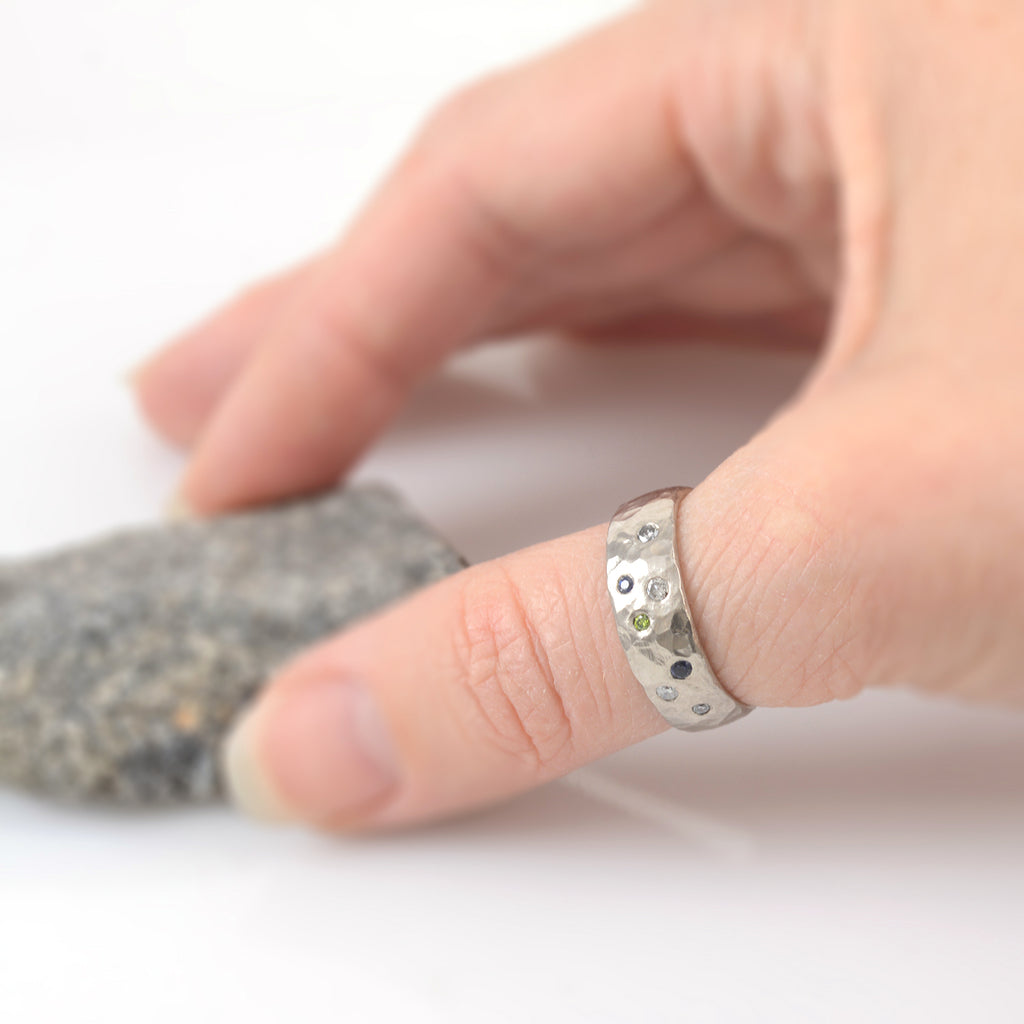 Love Rocks Ring with Scattered Diamonds and Sapphires in Palladium/Silver - size 7 - Ready to Ship