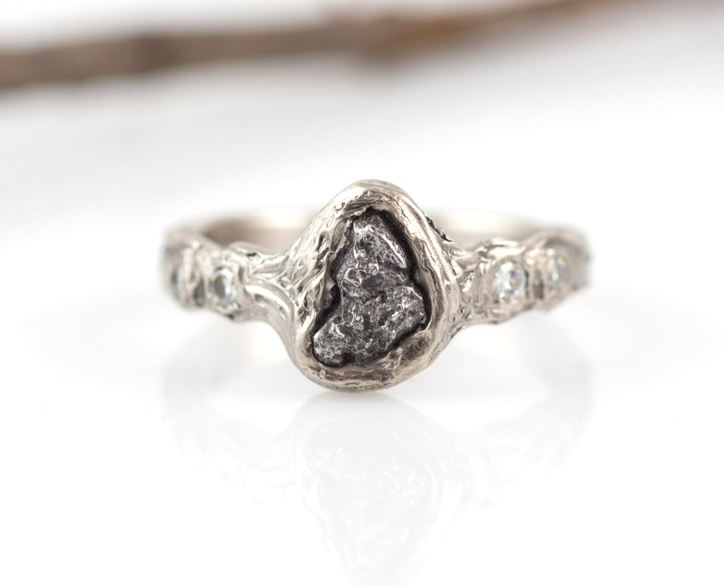 Meteorite Engagement Ring with Moissanite in Palladium/Silver with Tree Bark Texture - size 7 - Beth Cyr Handmade Jewelry