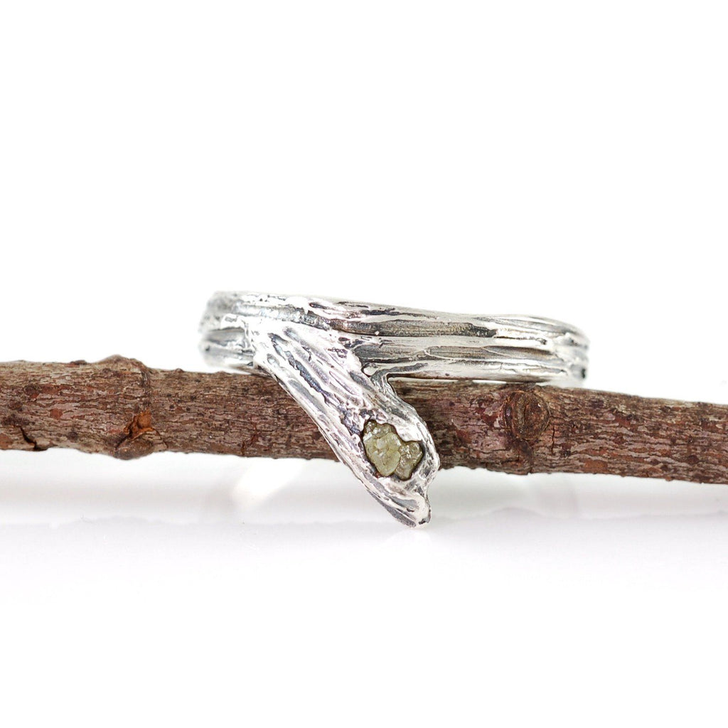 Tree Bark Branch with Rough Diamond in Palladium Sterling Silver - Made to Order - Beth Cyr Handmade Jewelry