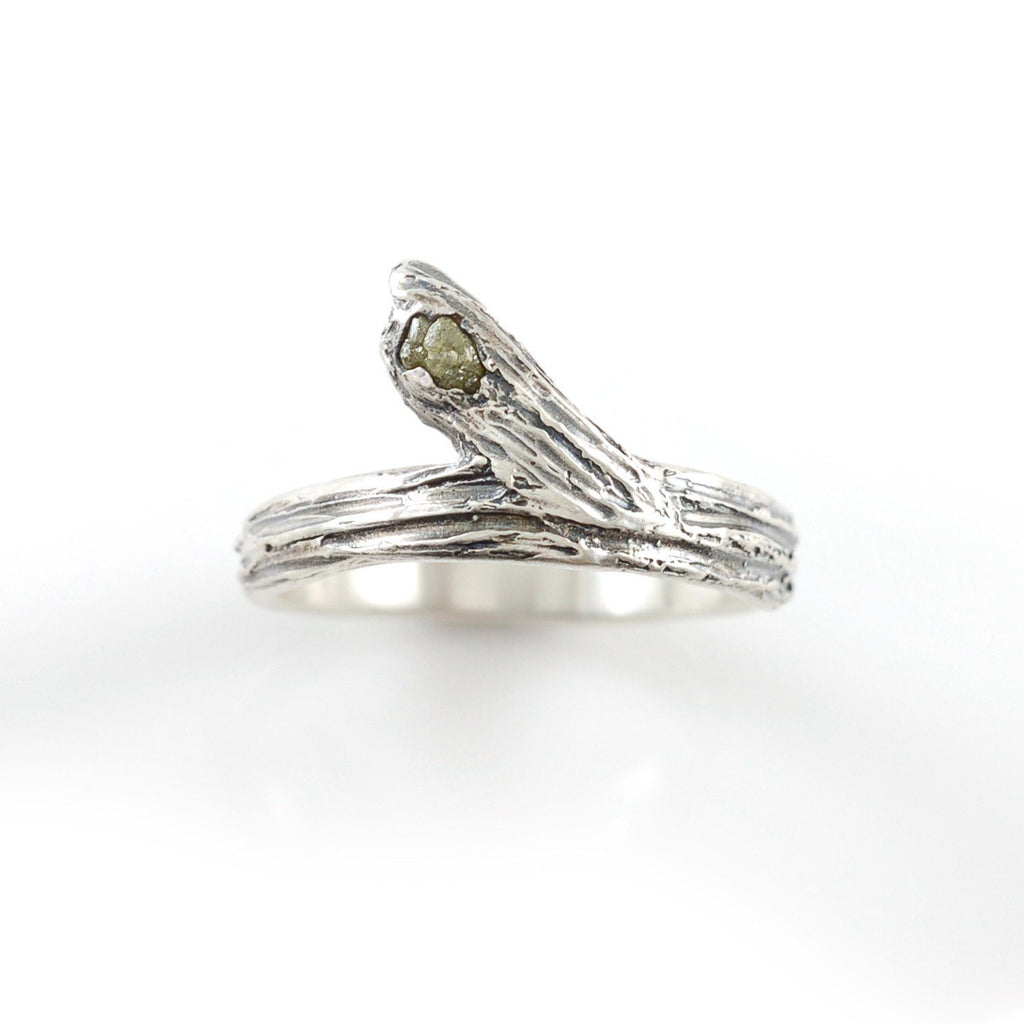 Tree Bark Branch with Rough Diamond in Sterling Silver - size 5 1/4 - Ready to Ship - Beth Cyr Handmade Jewelry