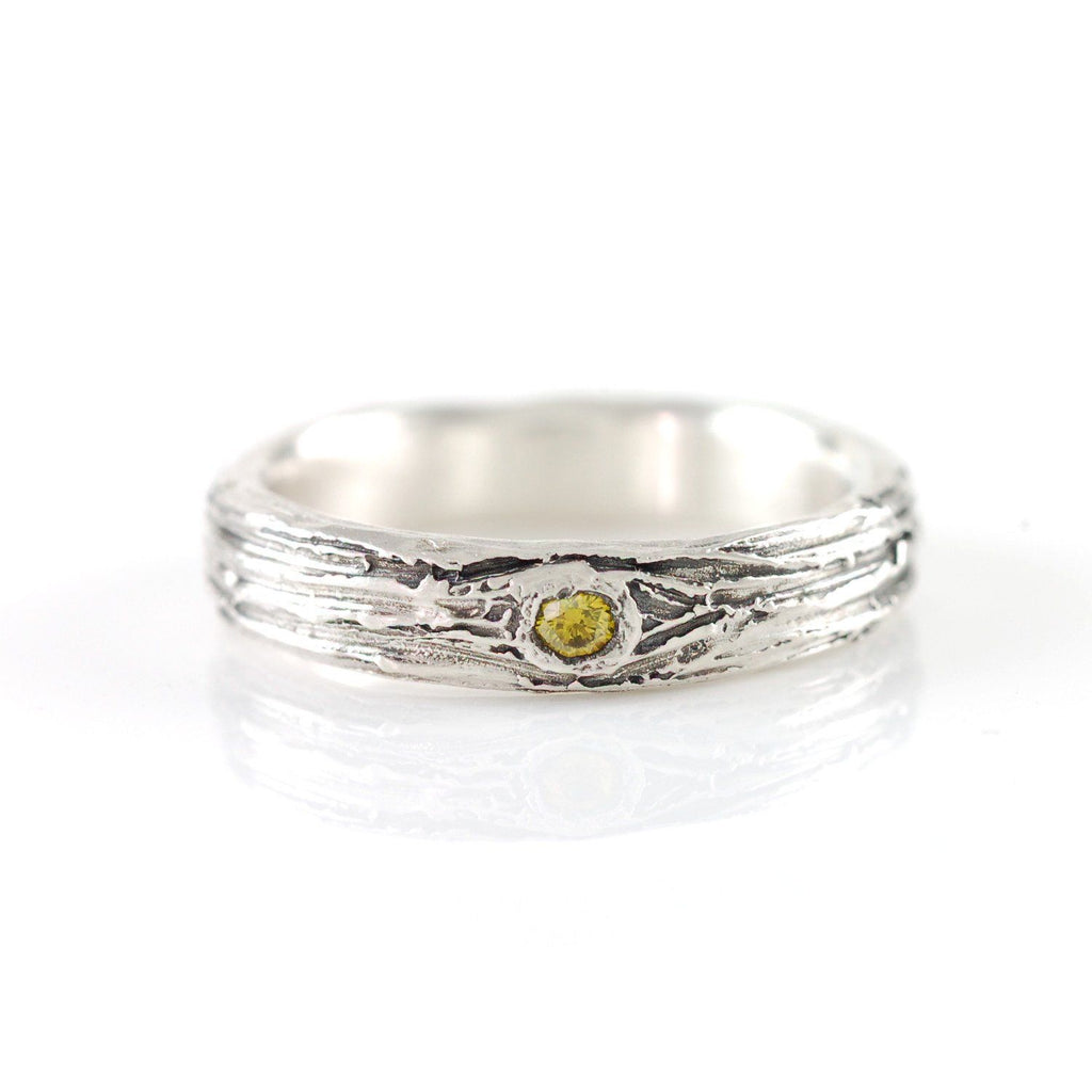 Tree Bark Love Knot Ring with Yellow Diamond in Palladium Sterling Silver - size 6.75 - Ready to Ship - Beth Cyr Handmade Jewelry