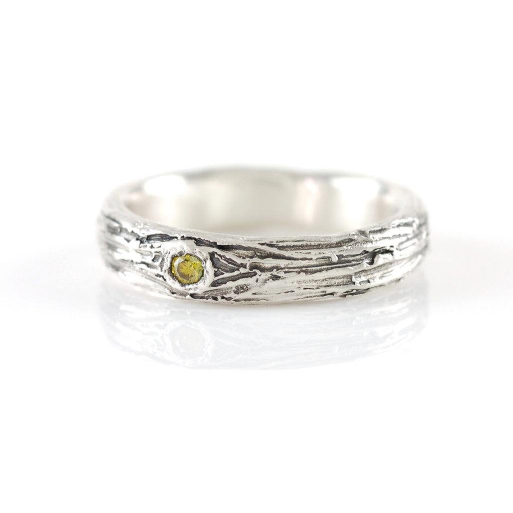 Tree Bark Love Knot Ring with Yellow Diamond in Palladium Sterling Silver - size 6.75 - Ready to Ship - Beth Cyr Handmade Jewelry