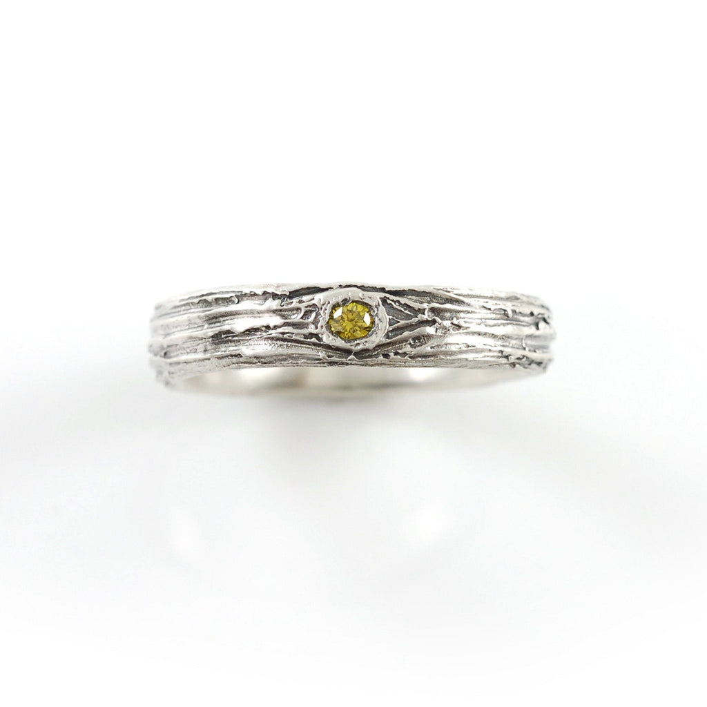 Tree Bark Love Knot Ring with Yellow Diamond in Palladium Sterling Silver - size 6.75 - Ready to Ship - Beth Cyr Handmade Jewelry