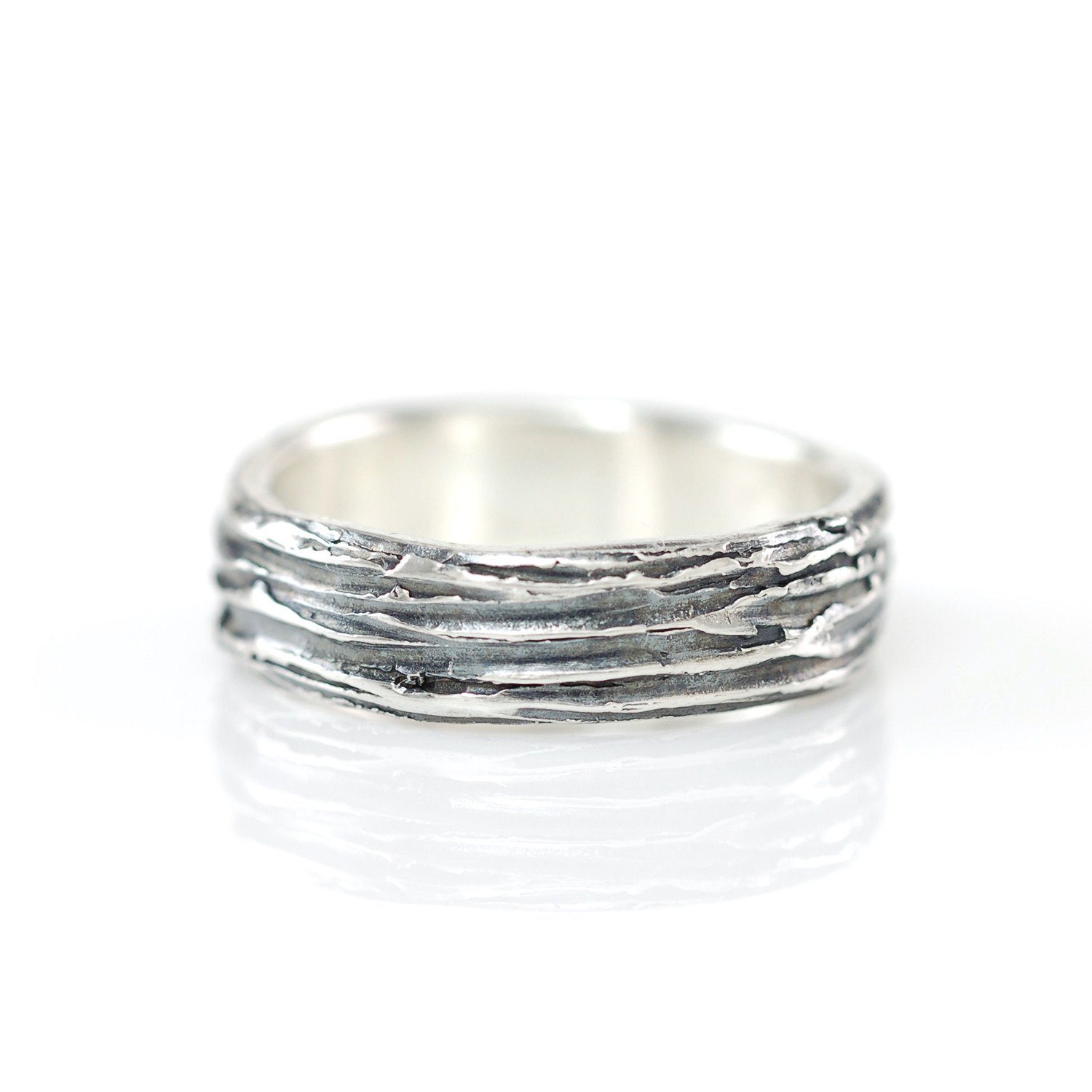 Tree Bark Ring in Palladium Sterling Silver - Size 5 - 5mm wide