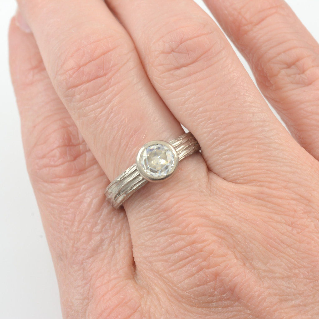 Tree Bark Love Knot Rose Cut Moissanite Ring in 14k Palladium White Gold - size 6.5 - ready to ship - Beth Cyr Handmade Jewelry