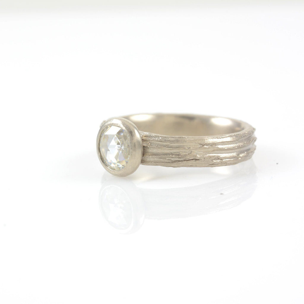 Tree Bark Love Knot Rose Cut Moissanite Ring in 14k Palladium White Gold - size 6.5 - ready to ship - Beth Cyr Handmade Jewelry