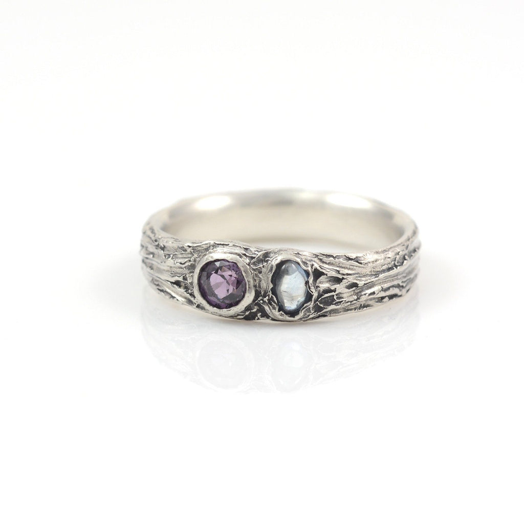 Custom Order Tree Bark Ring with Purple Sapphire and Blue Rough Montana Sapphire in Palladium Sterling Silver - Custom order final payment - Beth Cyr Handmade Jewelry