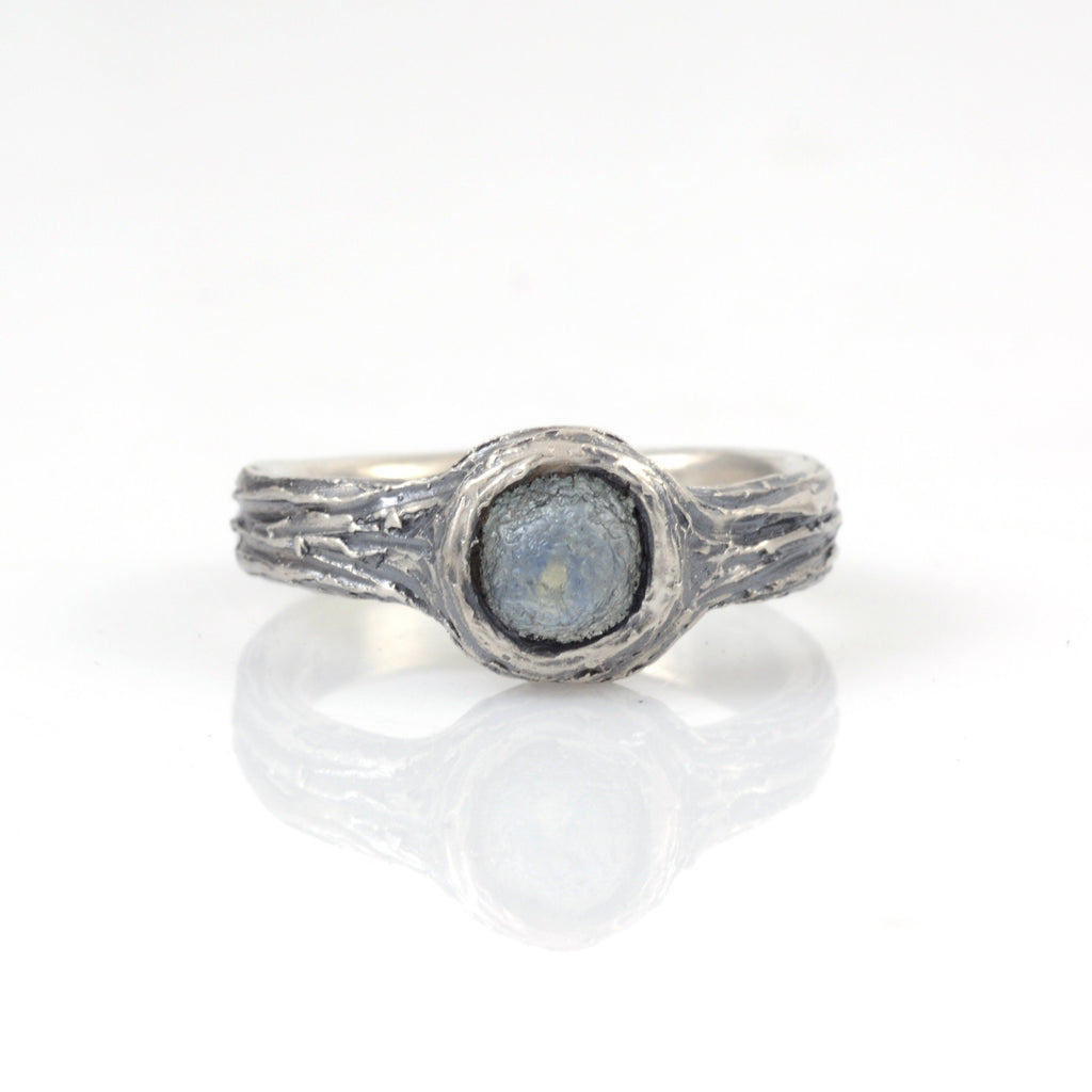 Tree Bark with Rough Sapphire in Palladium Sterling Silver - Custom Order for Lanette - Beth Cyr Handmade Jewelry