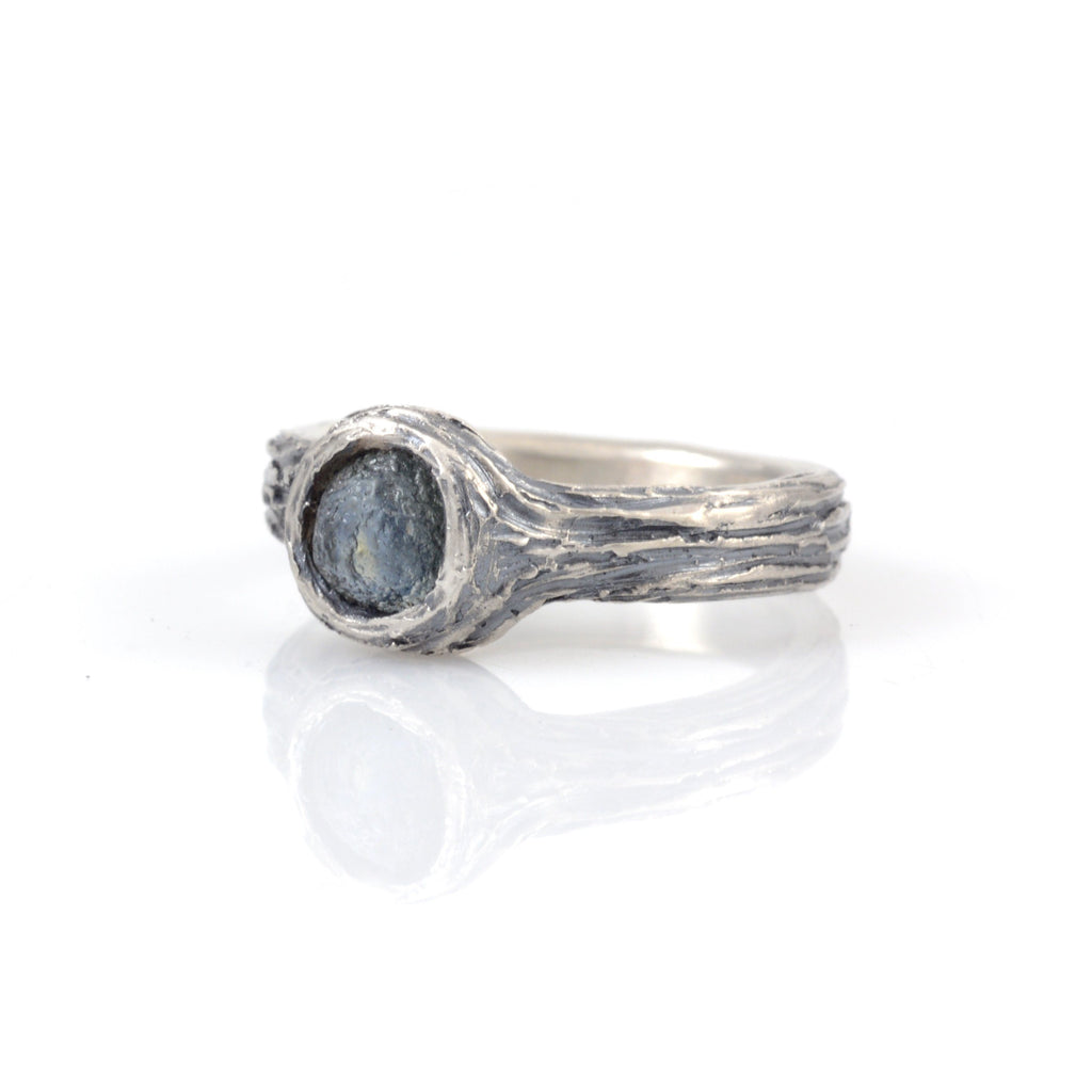 Tree Bark with Rough Sapphire in Palladium Sterling Silver - Custom Order for Lanette - Beth Cyr Handmade Jewelry