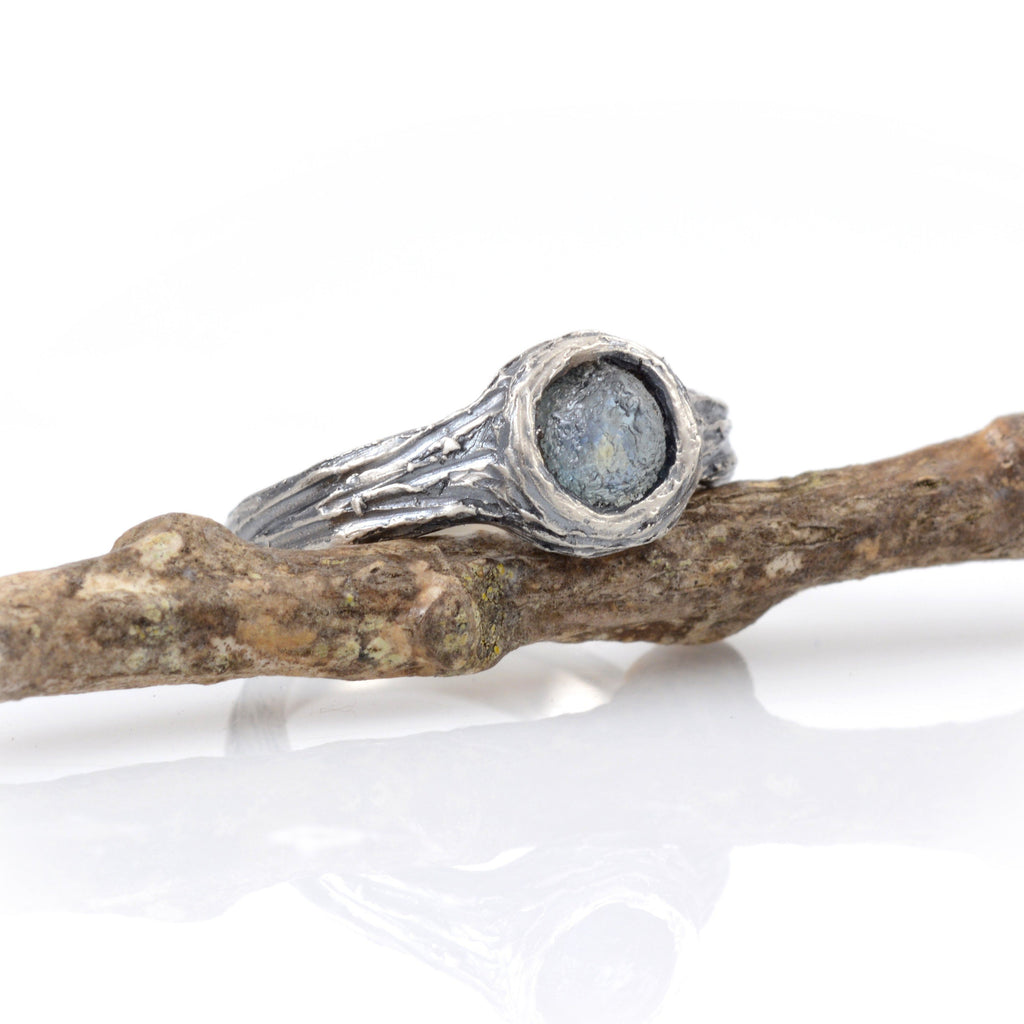 Tree Bark with Rough Sapphire in Palladium Sterling Silver - Custom Order for Lanette - Beth Cyr Handmade Jewelry