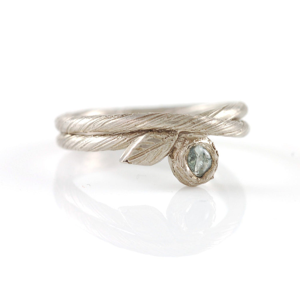 Vine and Leaf Ring with Rough Montana Sapphire in Palladium/Silver - size 5.5 - Ready to Ship - Beth Cyr Handmade Jewelry