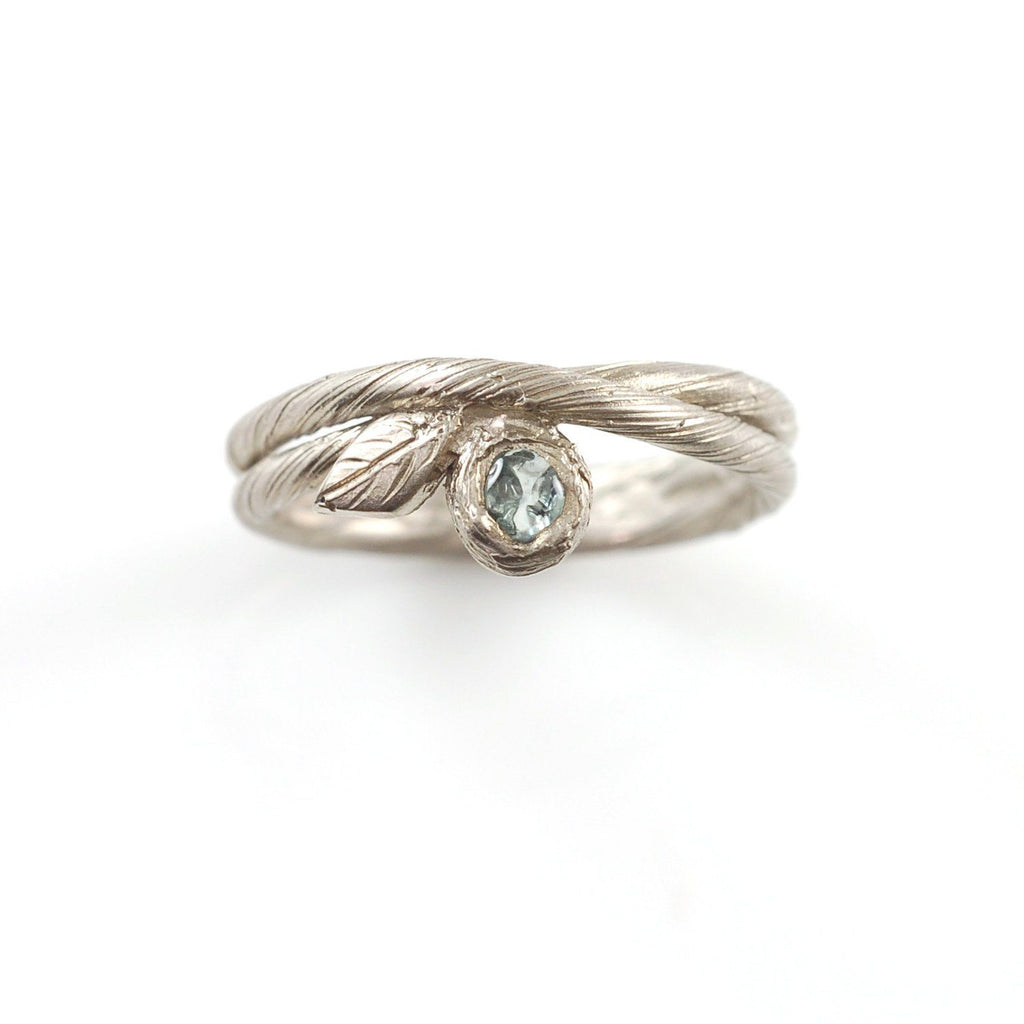 Vine and Leaf Ring with Rough Montana Sapphire in Palladium/Silver - size 5.5 - Ready to Ship - Beth Cyr Handmade Jewelry