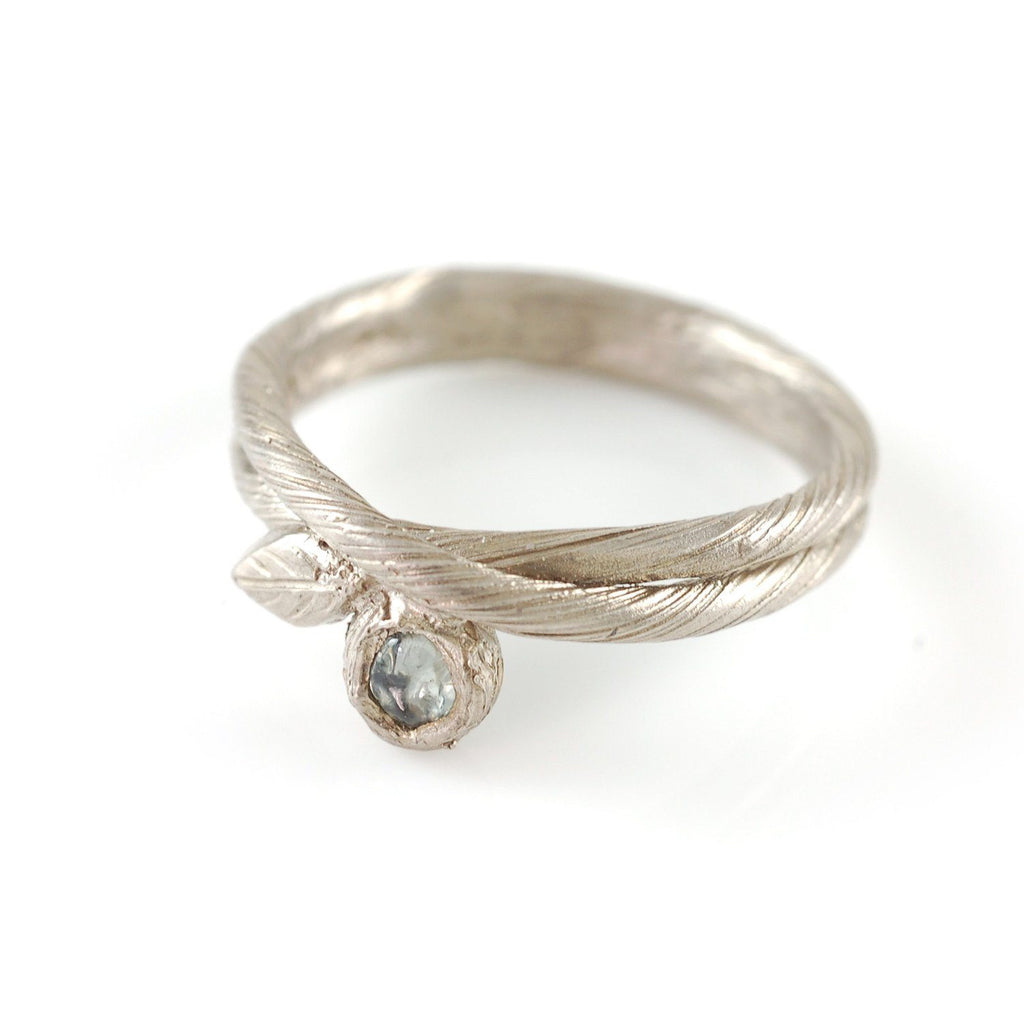 Vine and Leaf Ring with Rough Montana Sapphire in Palladium/Silver - size 5.5 - Ready to Ship - Beth Cyr Handmade Jewelry