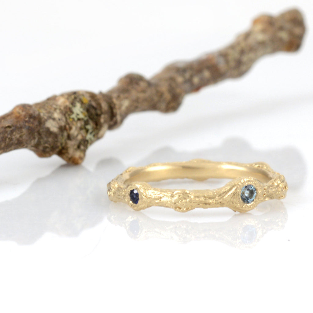 Custom Twig Ring with Aquamarine and Sapphire - Beth Cyr Handmade Jewelry