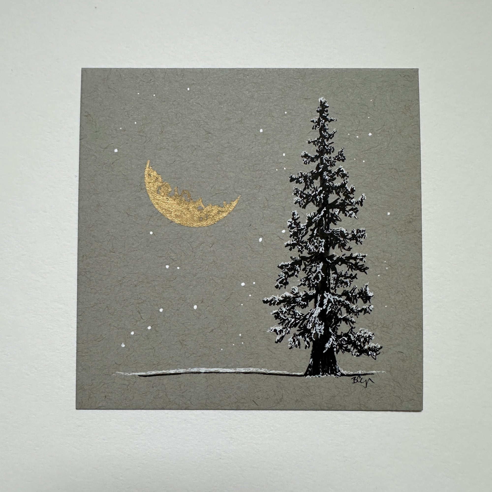 Snowy Tree 12 - Gold Crescent Moon and Single Tree on Gray Toned paper - 4&quot;x4&quot;