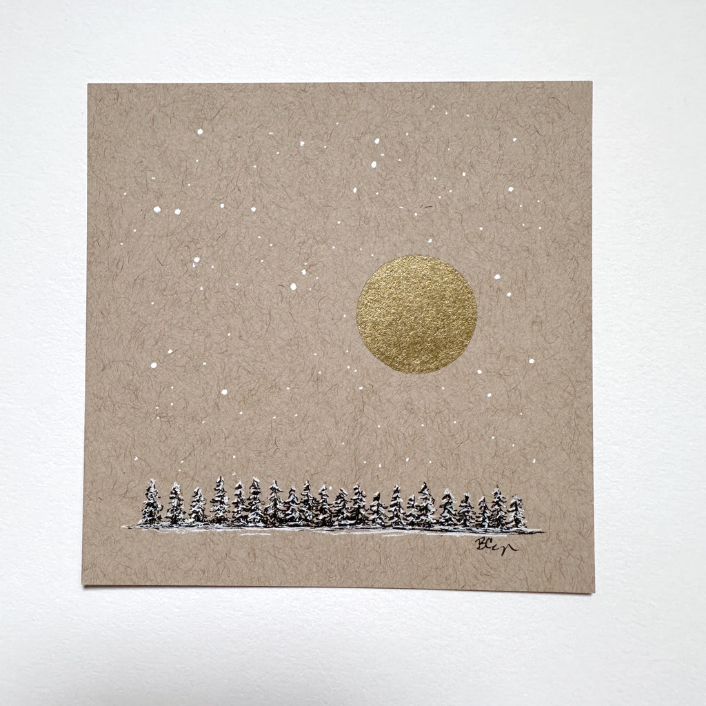 Snowy Tree 18 - Tiny Tree Line with Large Gold Moon on Tan Toned Paper - 4"x4"