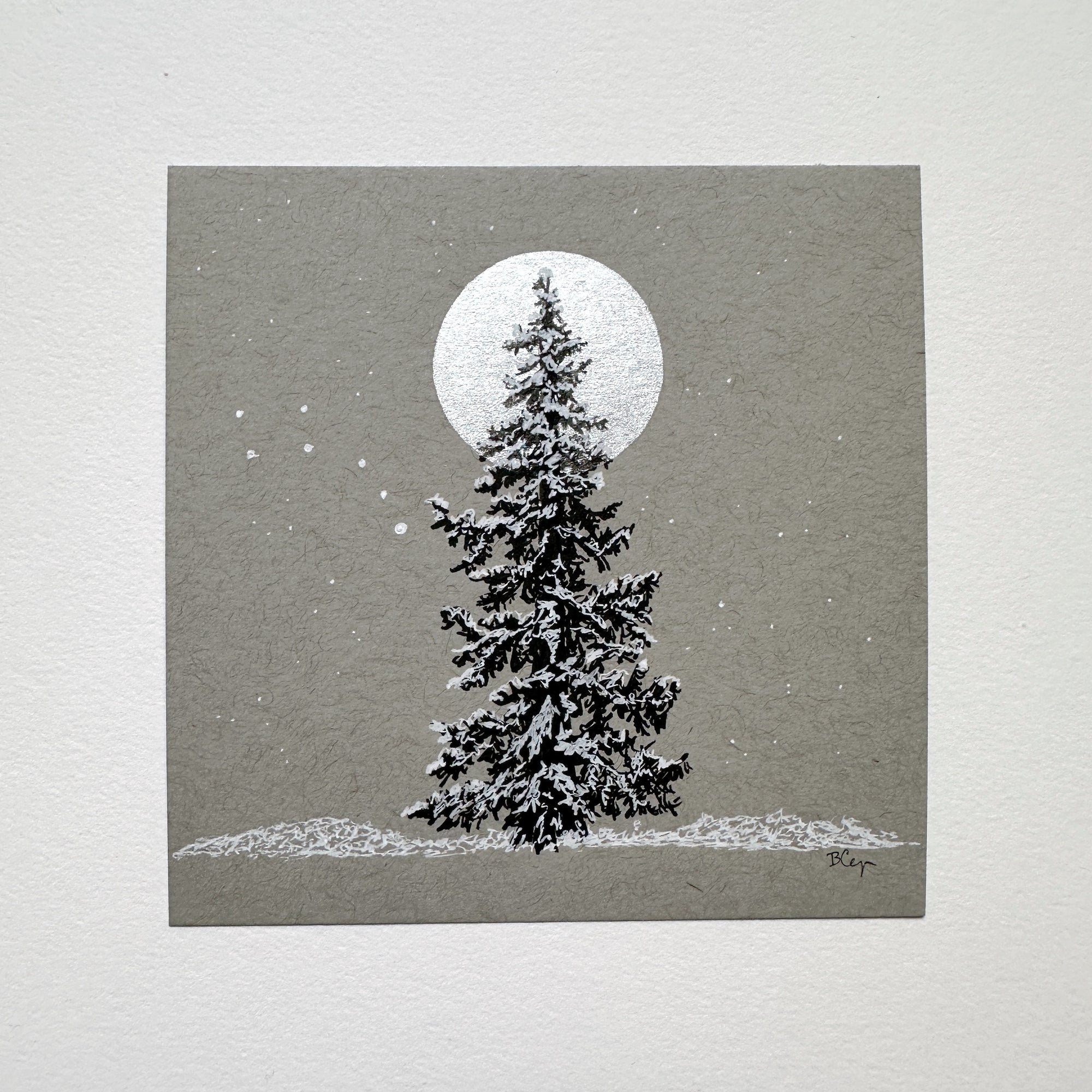 Snowy Tree 6 - Silver Moon and the Little Dipper with a Single Tree on Gray Toned Paper - 4&quot;x4&quot;