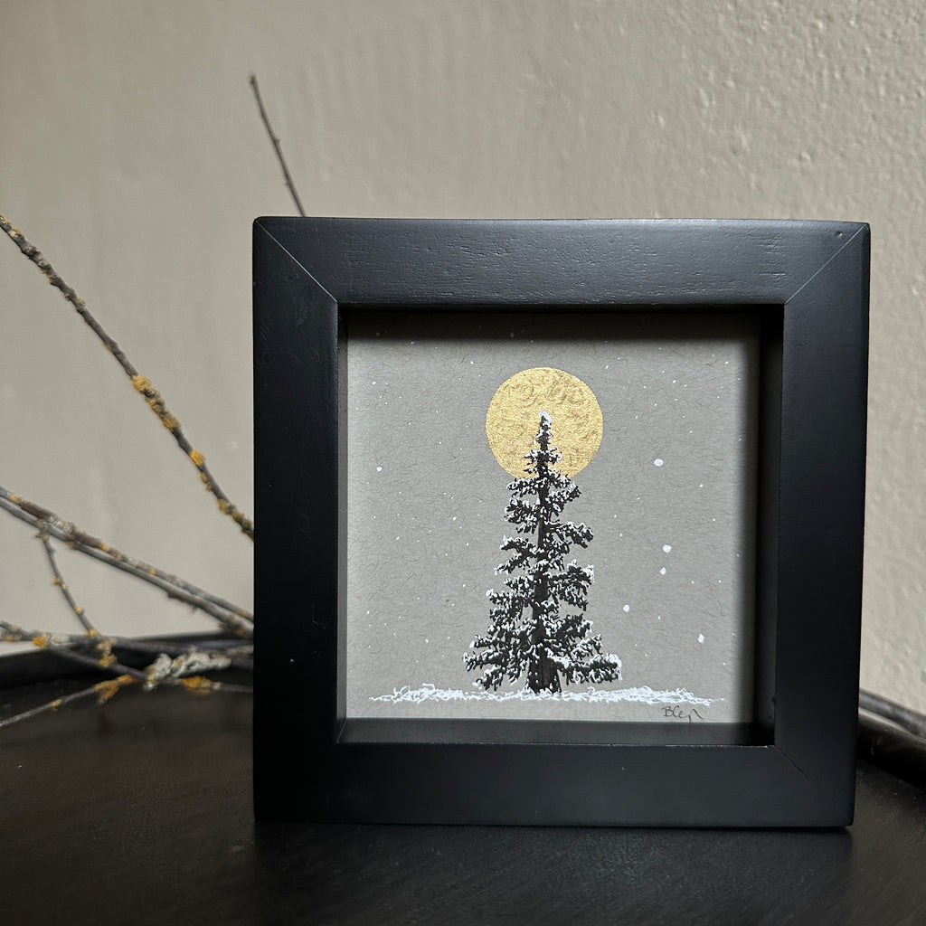 Snowy Tree 16 - Single Tree and Golden Moon on Gray Toned paper - 4"x4"
