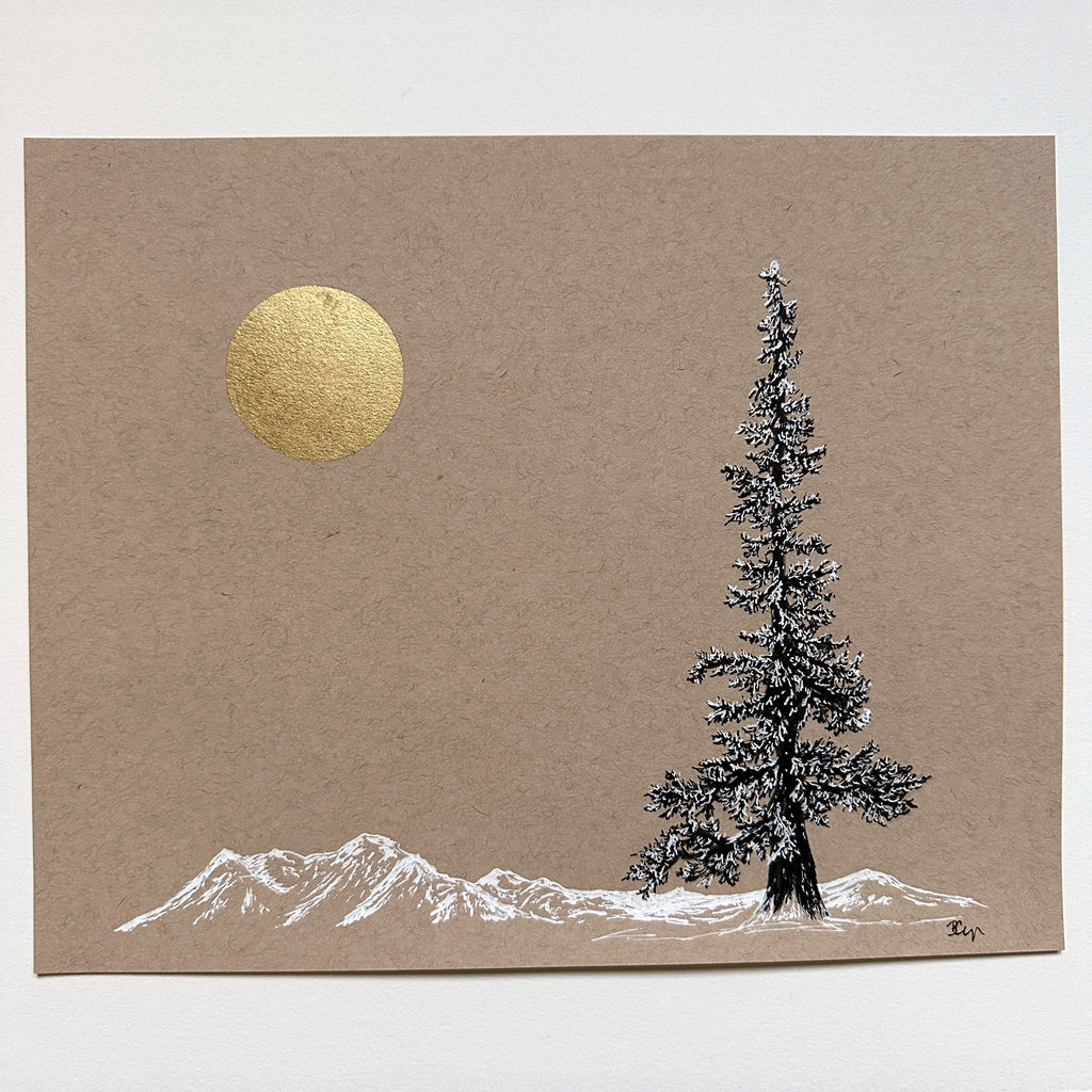 Snowy Tree 26 - Snowy Mountains with Tall Tree and Gold Moon on Tan Toned Paper - 8"x10"
