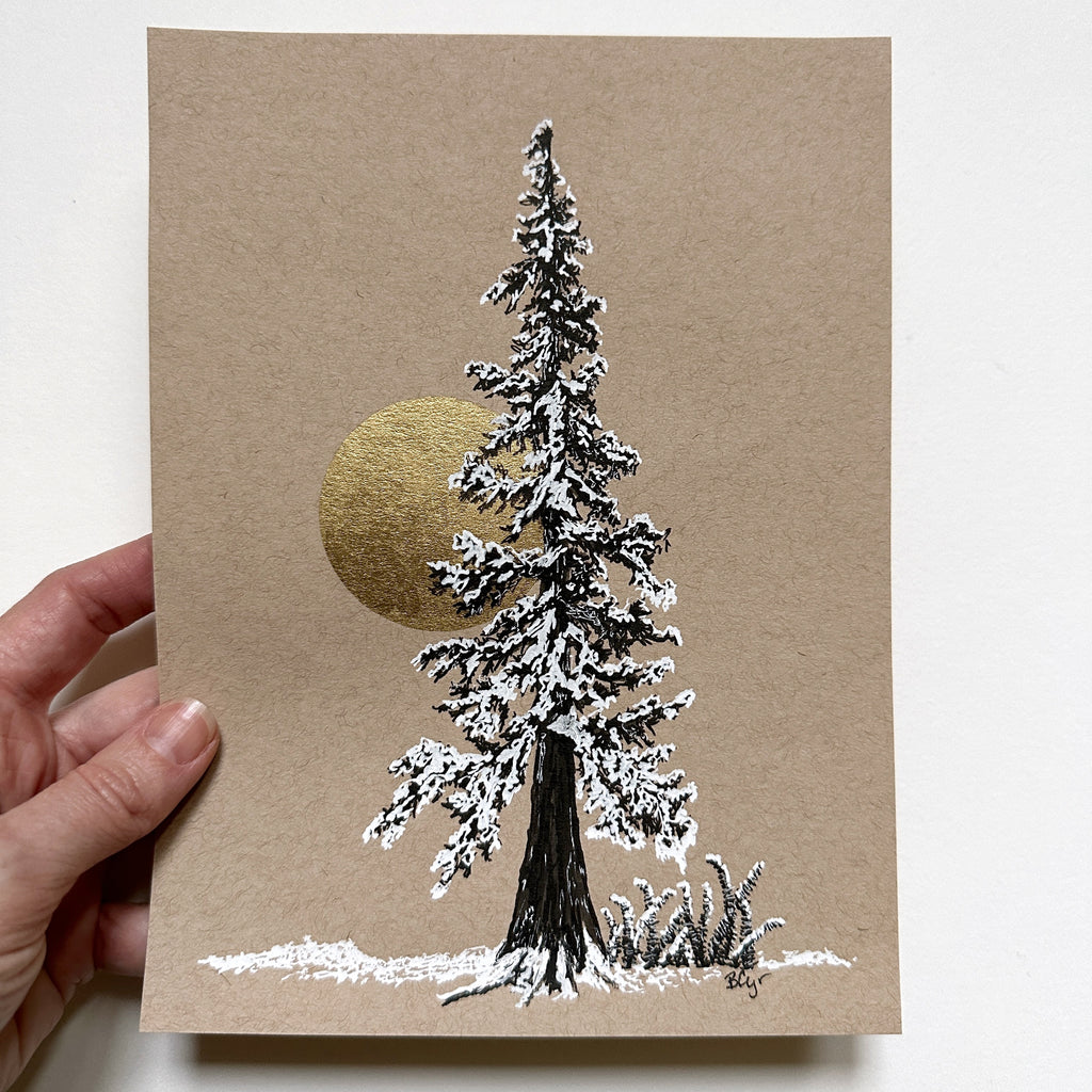 Snowy Tree 24 - Tall Tree with Gold Moon and Ferns on Tan Toned paper - 6"x8"