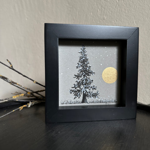 Snowy Tree 3 - Tree with Gold Moon and Snowy Grass on Gray Toned Paper - 4"x4"