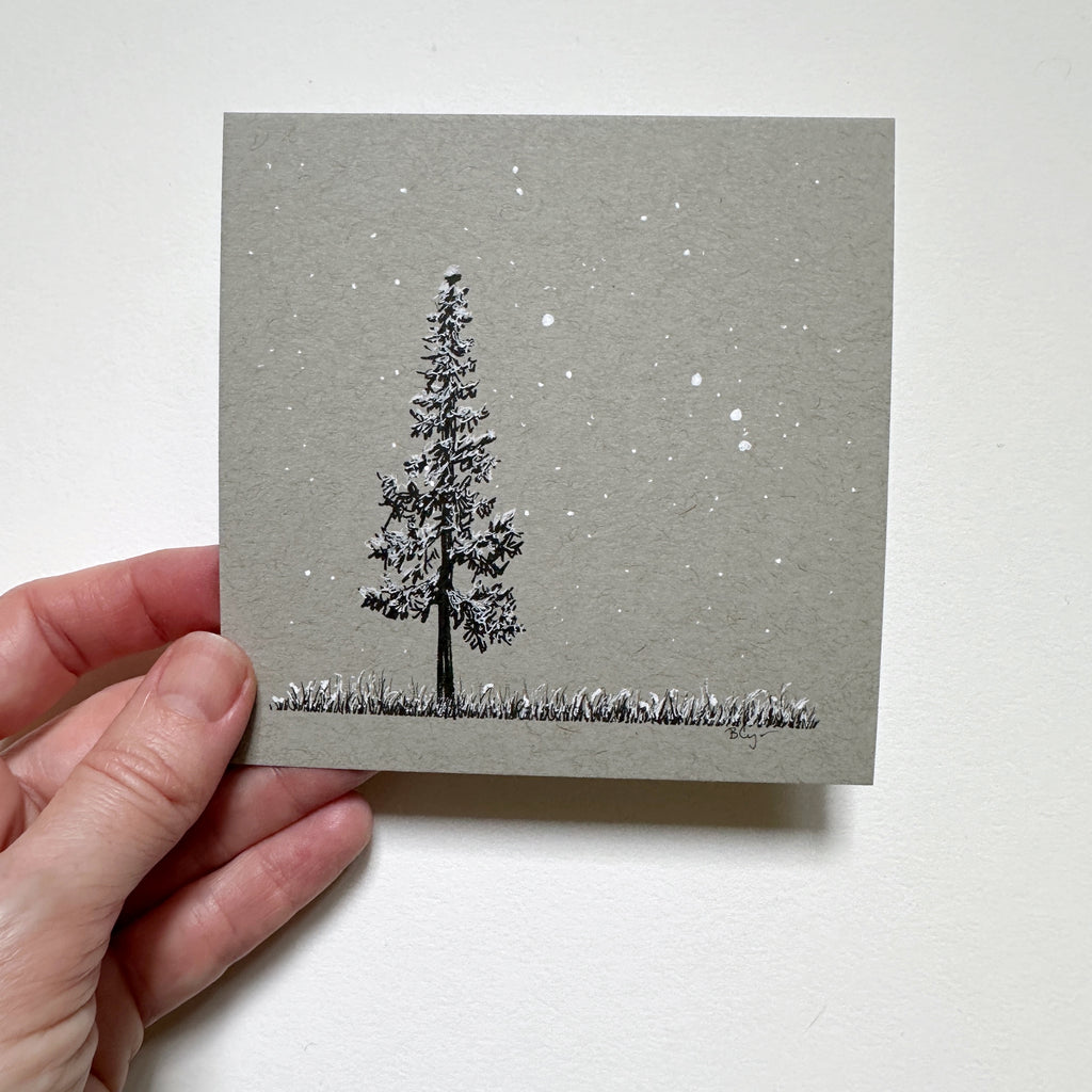 Snowy Tree 11 - Single Tree with Snowy Grass and Aries on Gray Toned Paper - 4"x4"