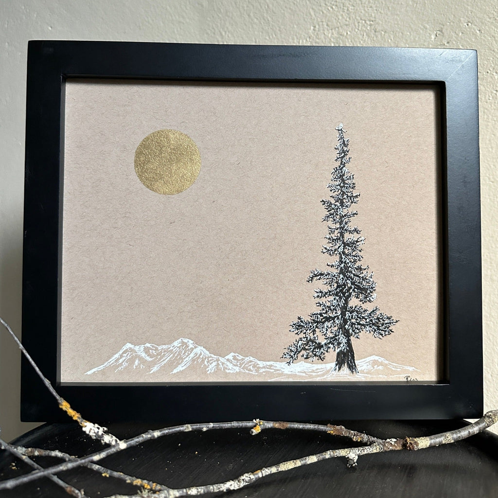 Snowy Tree 26 - Snowy Mountains with Tall Tree and Gold Moon on Tan Toned Paper - 8"x10"