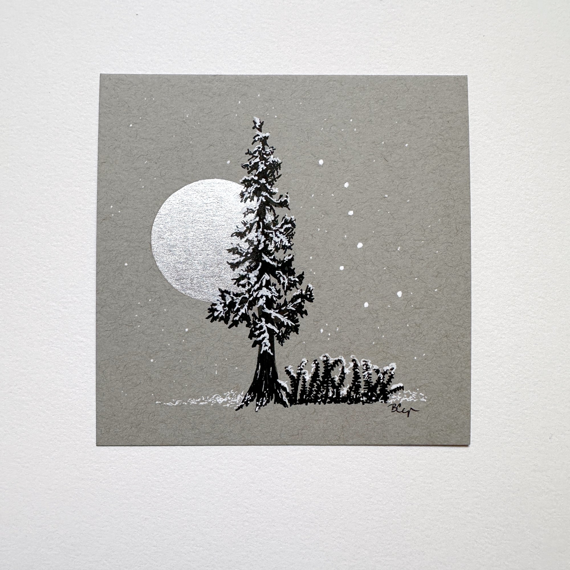 Snowy Tree 2 - Tree with Silver Moon, Ferns and Big Dipper on Gray Toned Paper - 4&quot;x4&quot;