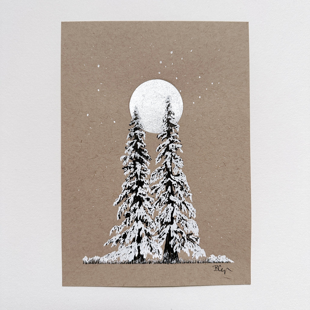 Snowy Tree 20 - Silver Moon with Two Very Snow Laden Trees on Tan Toned Paper - 5"x7"