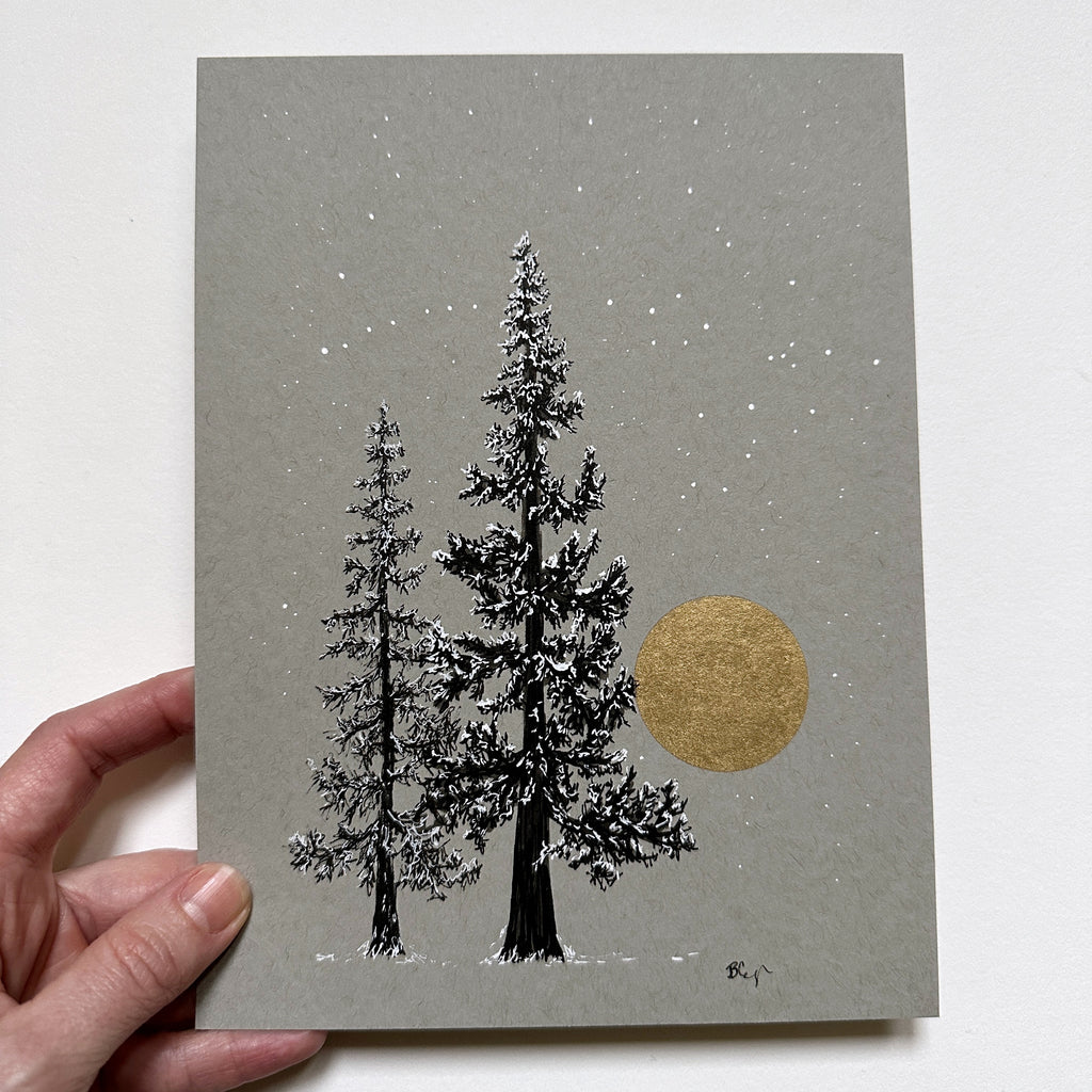 Snowy Tree 25 - Two Tall Trees and Gold Moon on Gray Toned paper - 6”x8”