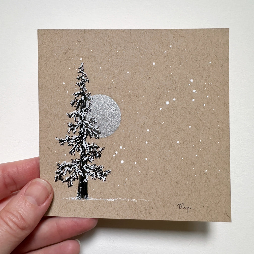 Snowy Tree 13 - Single Tree with Silver Moon on Tan Toned Paper - 4"x4"