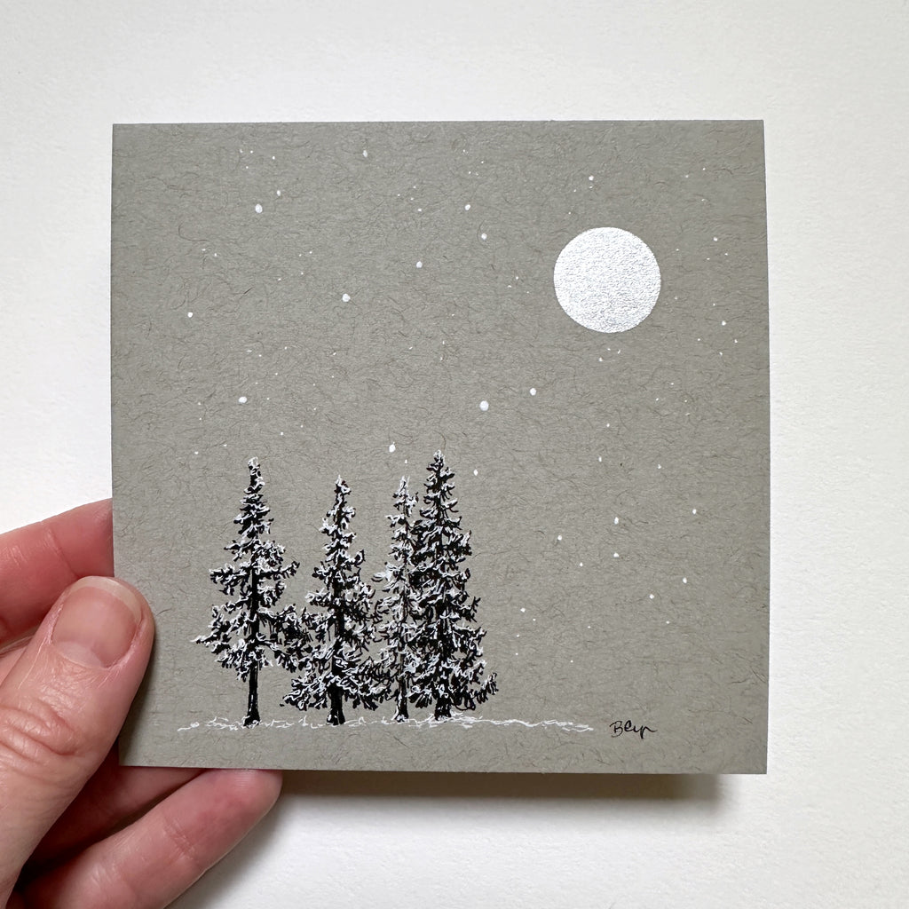 Snowy Tree 15 - Four Trees and Monoceros on Gray Toned Paper - 4"x4"