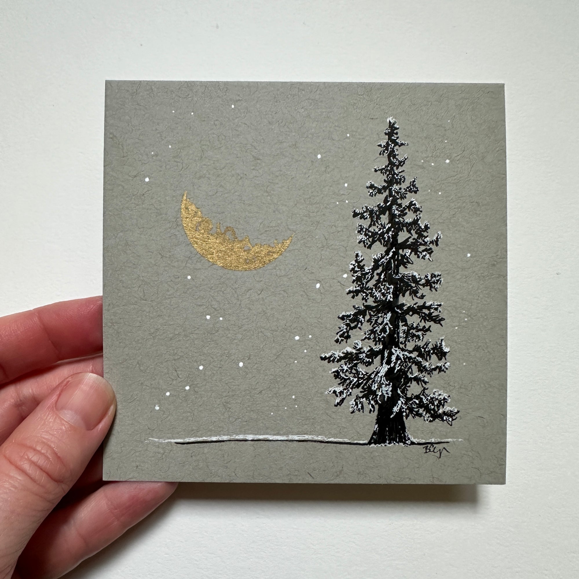 Snowy Tree 12 - Gold Crescent Moon and Single Tree on Gray Toned paper - 4&quot;x4&quot;
