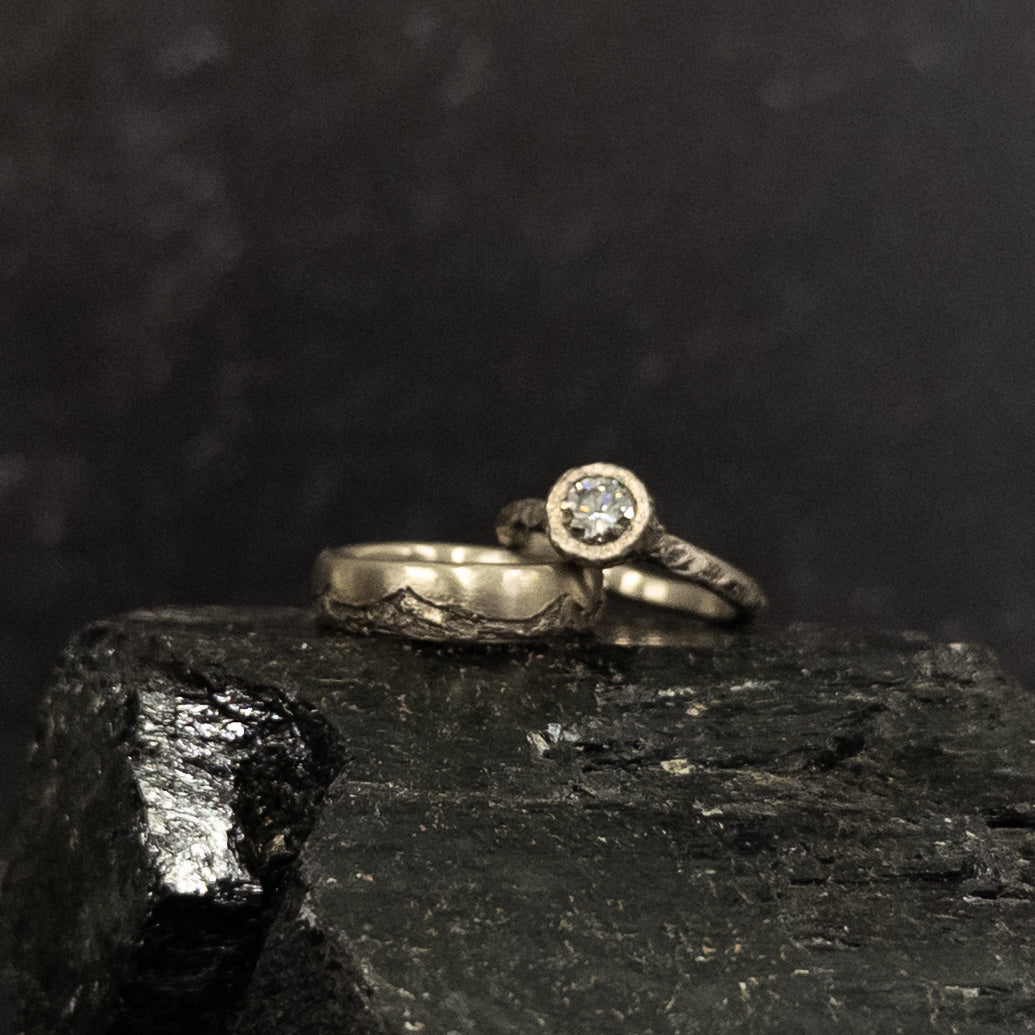 Mountain Ring Set with Dark Gray Moissanite in Palladium/Silver - size 6 - Ready to Ship