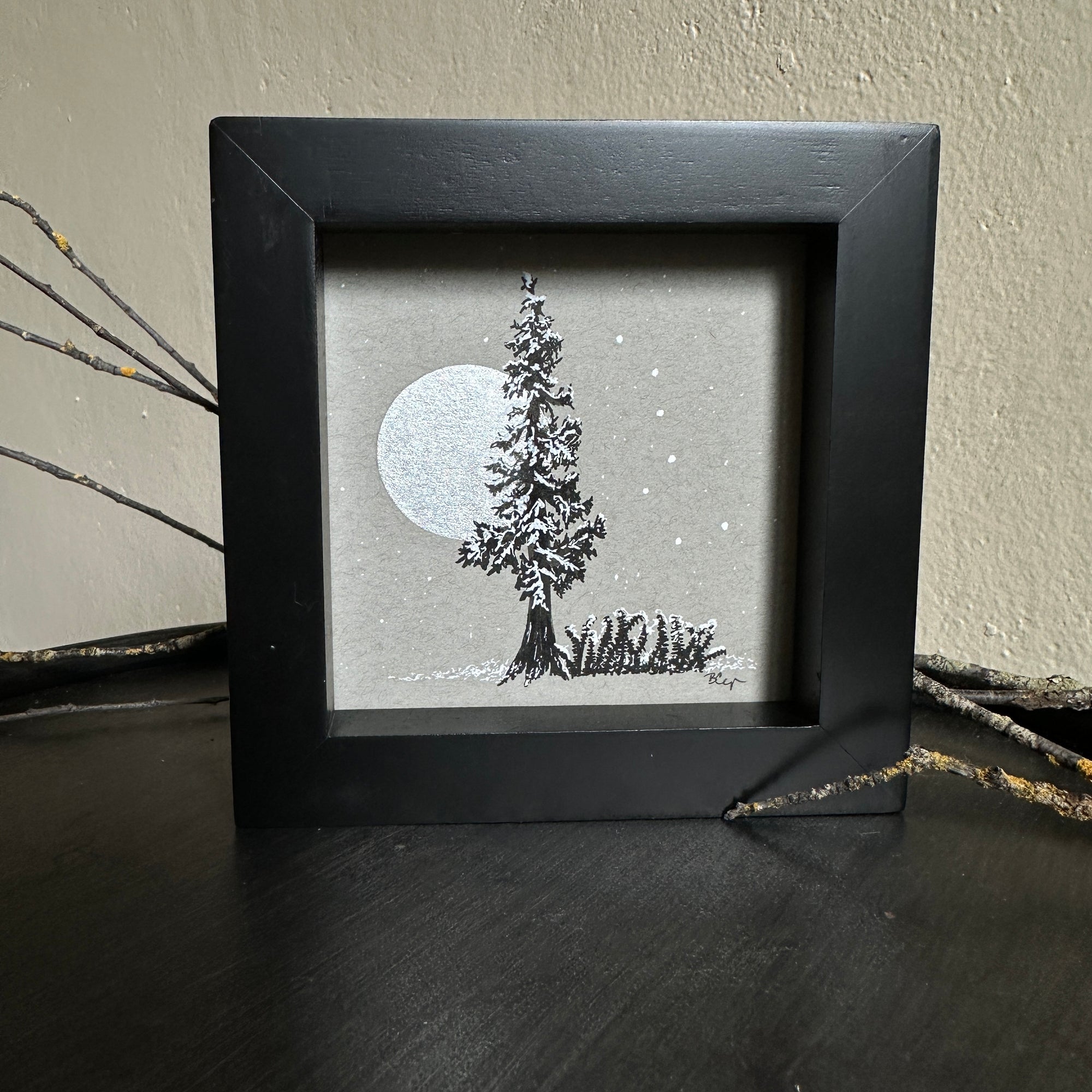 Snowy Tree 2 - Tree with Silver Moon, Ferns and Big Dipper on Gray Toned Paper - 4&quot;x4&quot;