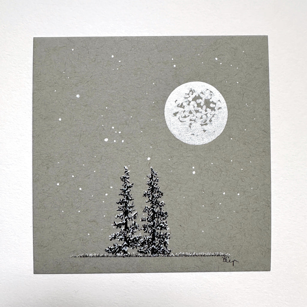 Snowy Tree 9 - Double Tree with Big Silver Moon on Gray Toned Paper - 4"x4"