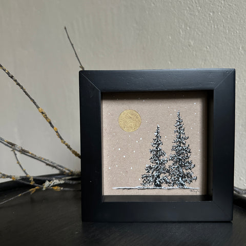 Snowy Tree 17 - Cygnus Constellation with Two Trees and Golden Moon on Tan Toned Paper - 4"x4"
