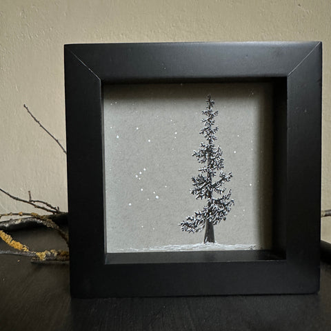 Snowy Tree 19 - Orion and a Delicate Snowy Tree on Gray Toned Paper - 4"x4"