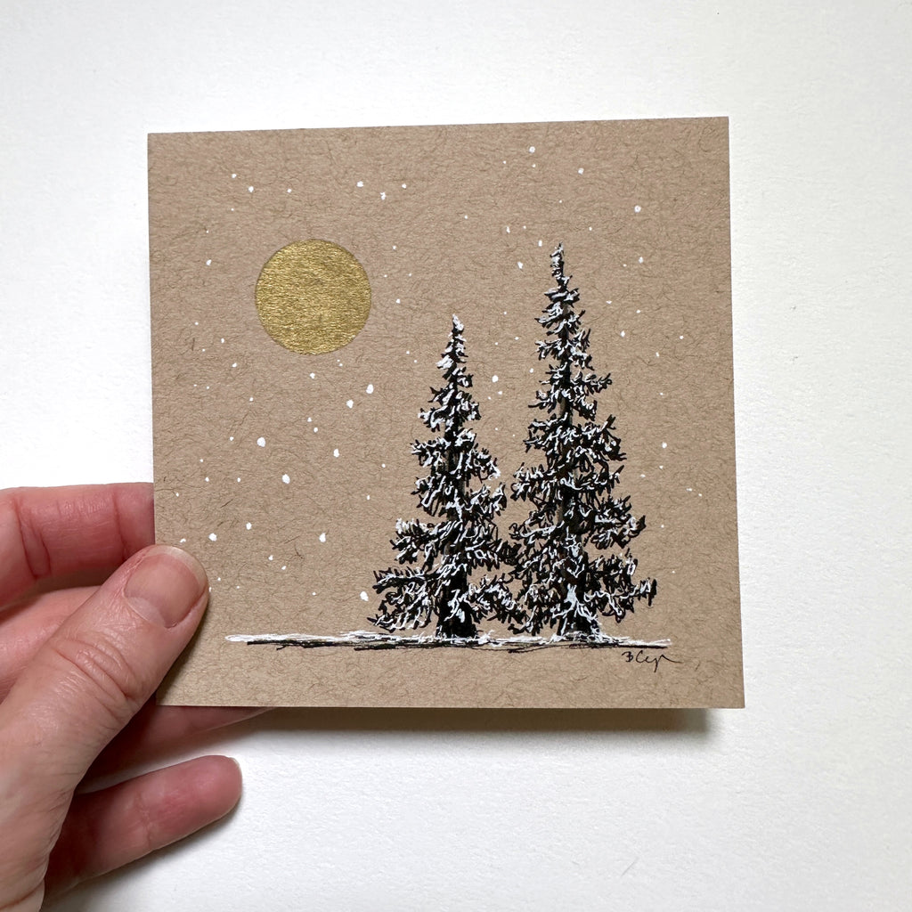 Snowy Tree 17 - Cygnus Constellation with Two Trees and Golden Moon on Tan Toned Paper - 4"x4"