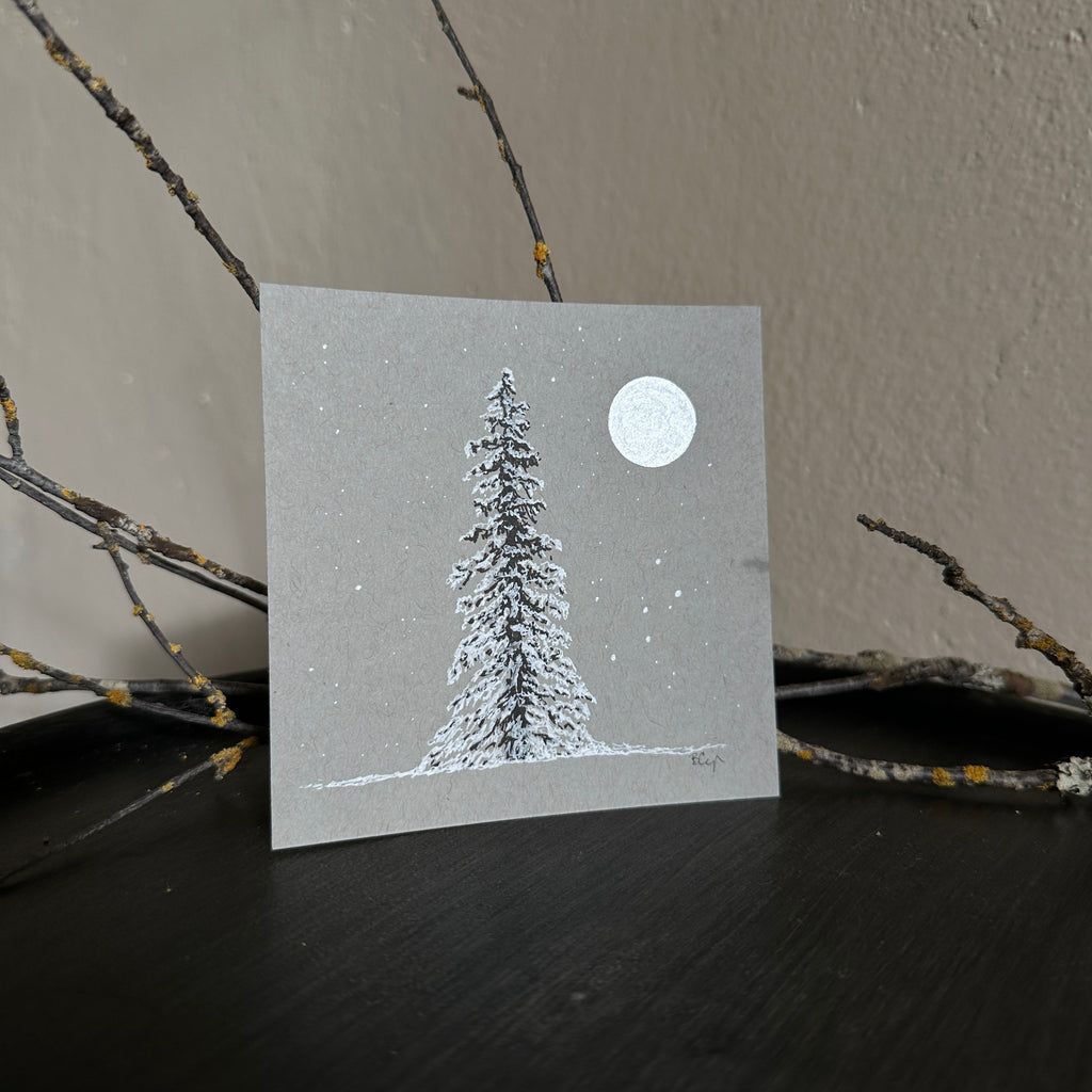 Snowy Tree 4 - Silver Moon, Cassiopeia and a Very Snow Laden Tree on Gray Tone Paper 4"x4"