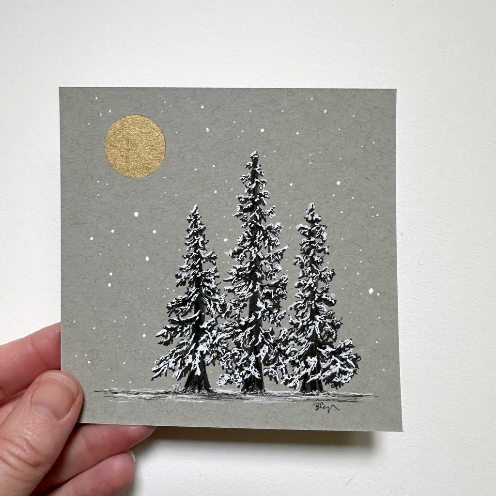 Snowy Tree 14 - Triple Trees and Gold Moon on Gray Toned Paper 4"x4"