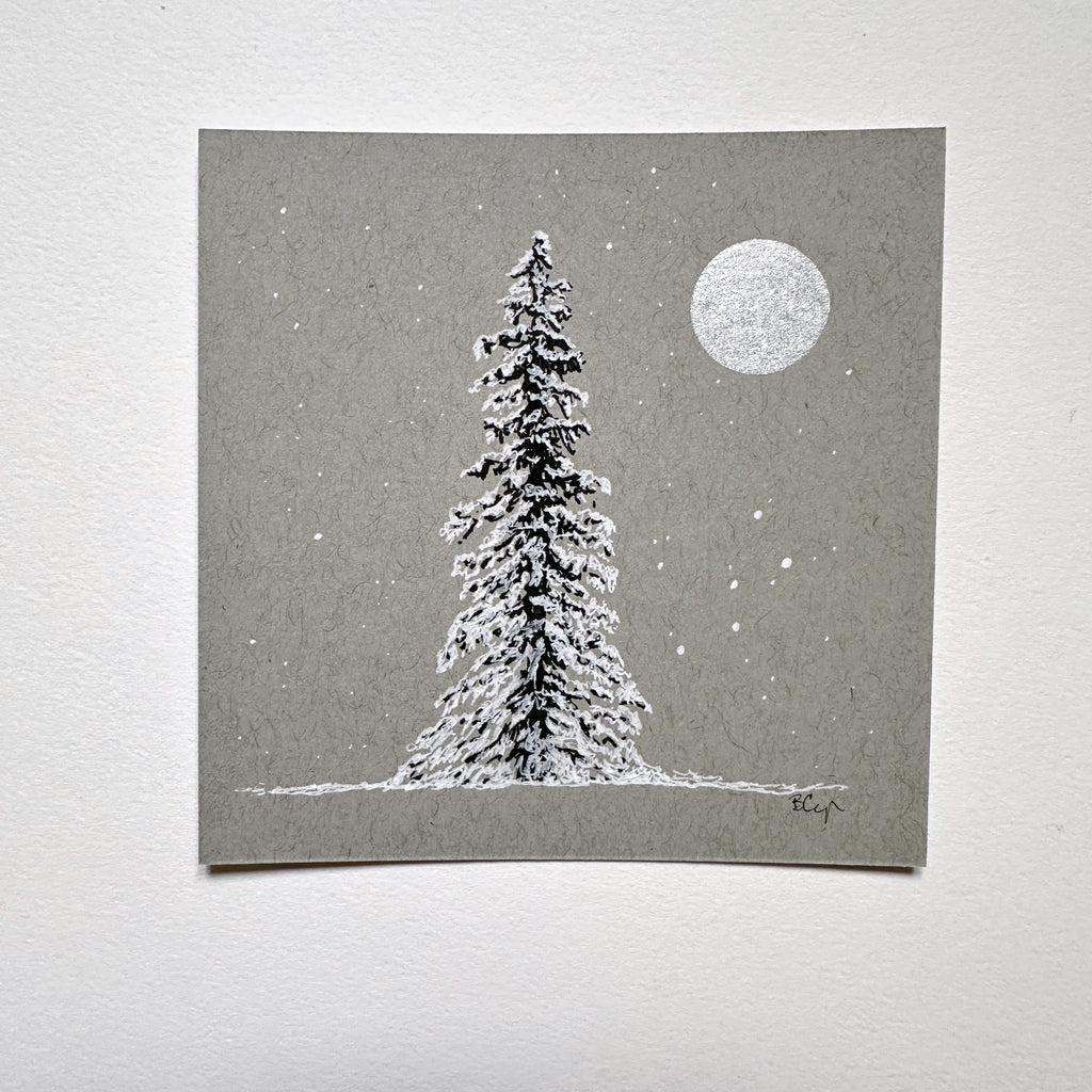 Snowy Tree 4 - Silver Moon, Cassiopeia and a Very Snow Laden Tree on Gray Tone Paper 4"x4"