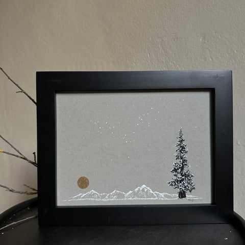 Snowy Tree 22 - Snowy Mountain, Gold Moon and Single Tree on Gray Toned Paper - 6"x8"