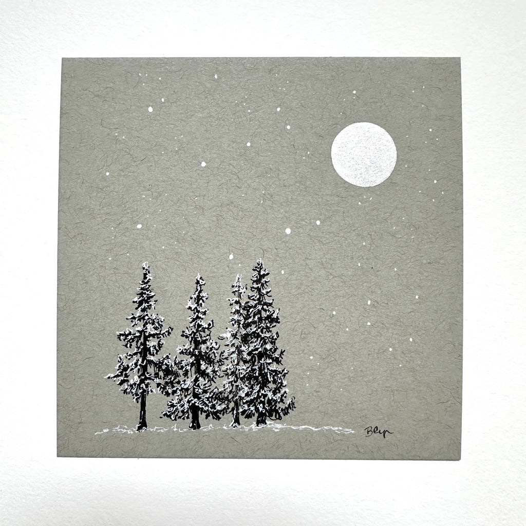 Snowy Tree 15 - Four Trees and Monoceros on Gray Toned Paper - 4"x4"