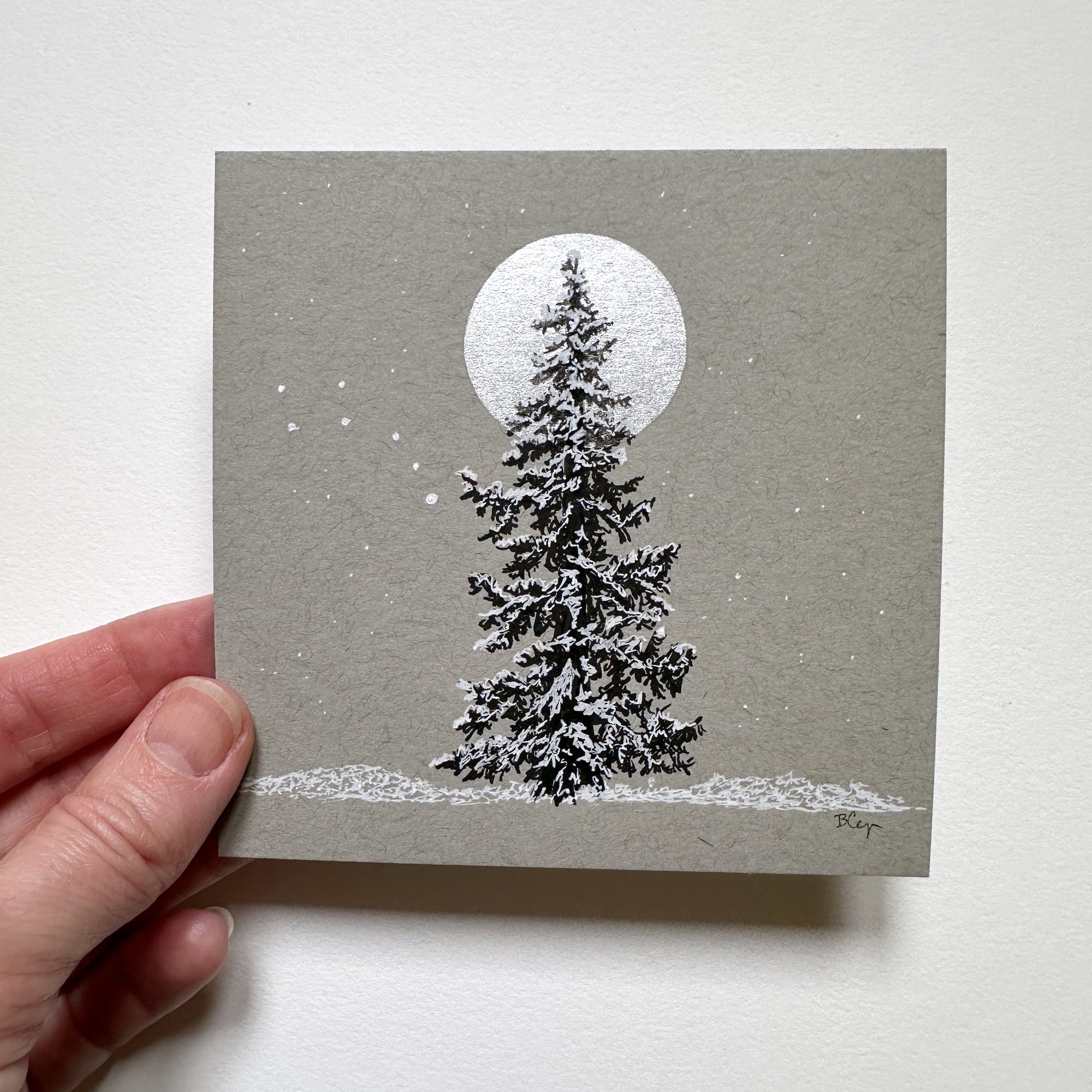 Snowy Tree 6 - Silver Moon and the Little Dipper with a Single Tree on Gray Toned Paper - 4&quot;x4&quot;