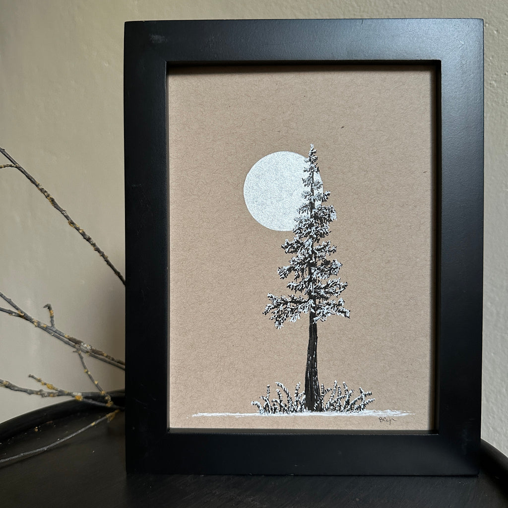 Snowy Tree 23 - Silver Moon, Ferns and a Single Tree on Tan Toned Paper 6"x8"